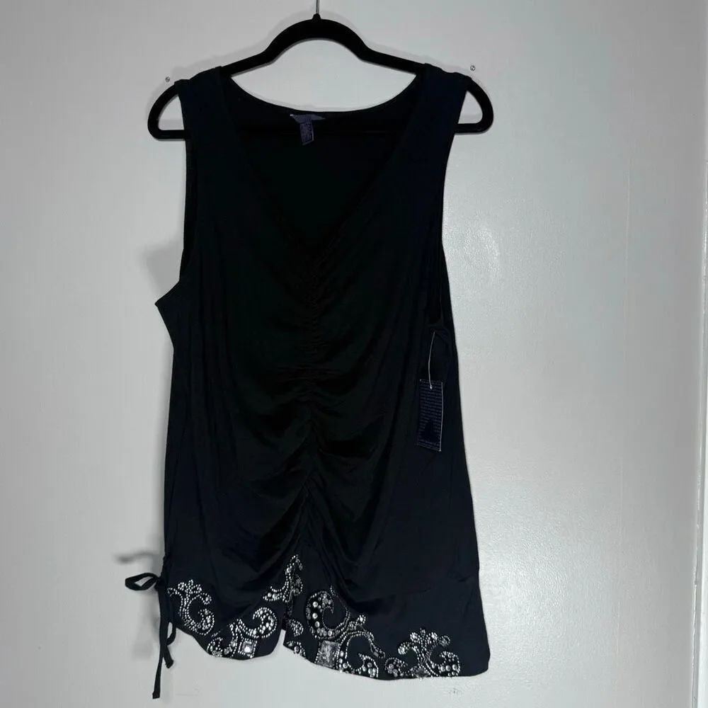 NWT Dereon Black Ruched Rhinestone Hem Y2K Long Tank Top Blouse Shirt
